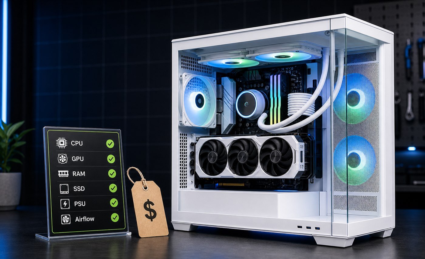 Clean hero image of a white budget gaming prebuilt PC beside a checklist for CPU GPU RAM SSD PSU and airflow