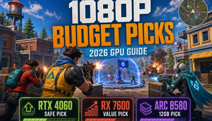 Stylized battle royale graphic for 1080p budget GPU picks showing RTX 4060 safe pick, RX 7600 value pick, and Arc B580 12GB pick.