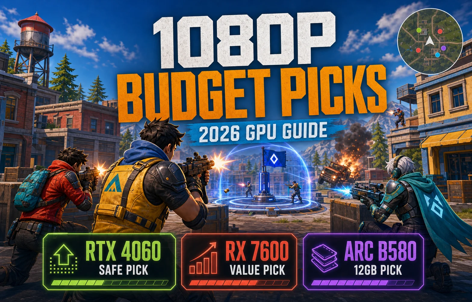 Stylized battle royale graphic for 1080p budget GPU picks showing RTX 4060 safe pick, RX 7600 value pick, and Arc B580 12GB pick.