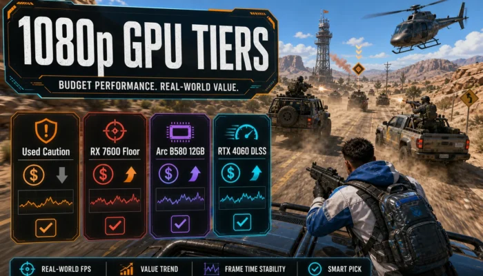 CheapFPS 1080p GPU tiers graphic showing used caution, RX 7600 floor, Arc B580 12GB, and RTX 4060 DLSS buyer paths over a daytime convoy scene.