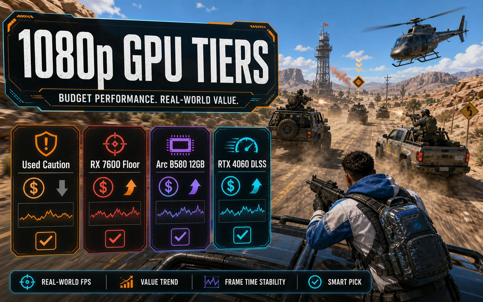 CheapFPS 1080p GPU tiers graphic showing used caution, RX 7600 floor, Arc B580 12GB, and RTX 4060 DLSS buyer paths over a daytime convoy scene.