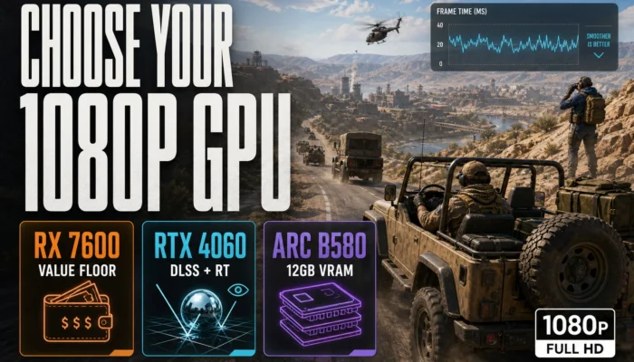 CheapFPS 1080p GPU chooser graphic showing RX 7600 as the value floor, RTX 4060 for DLSS and ray tracing, and Arc B580 for 12GB VRAM over a morning convoy scene.