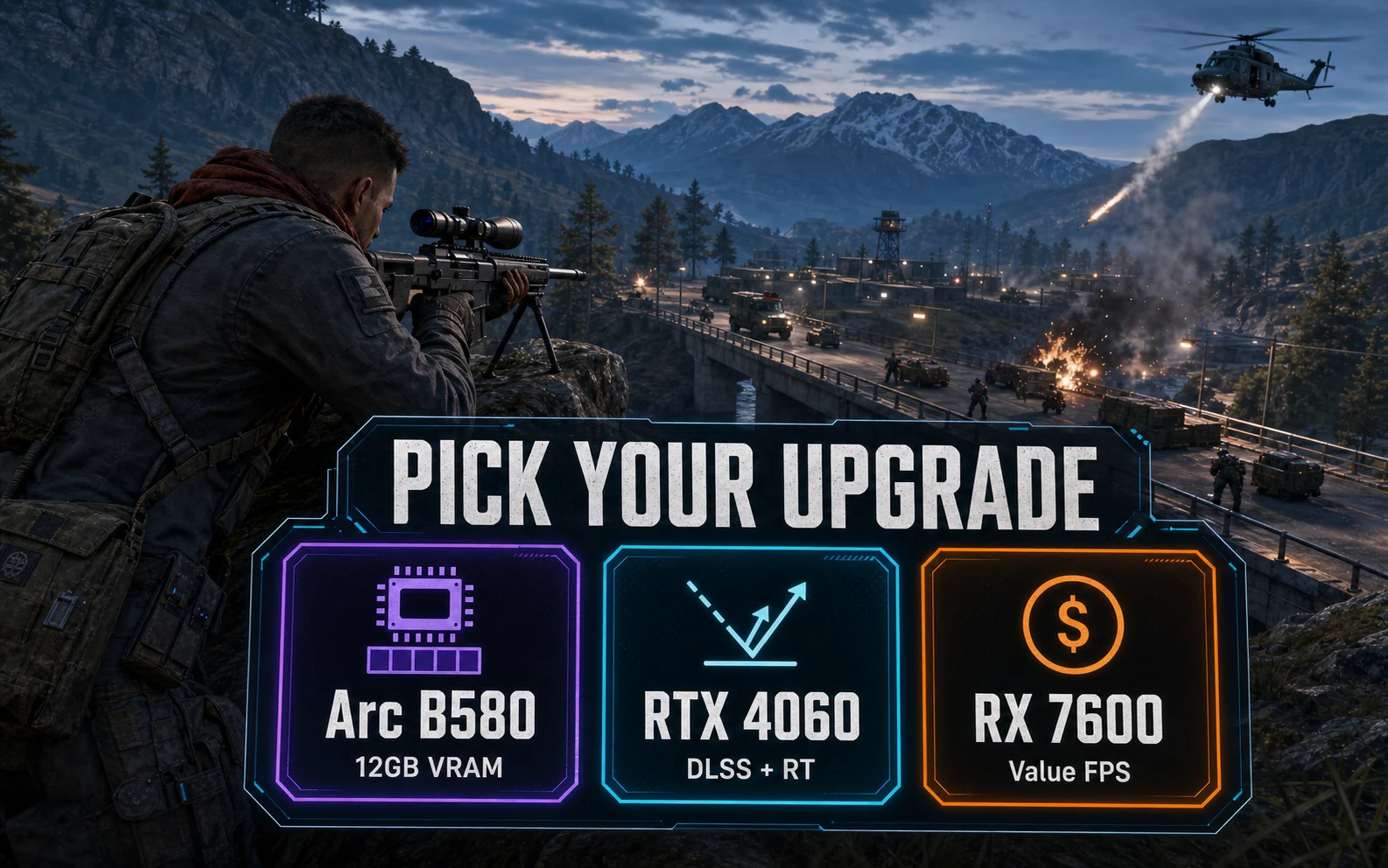 CheapFPS upgrade picker graphic showing Arc B580 12GB VRAM, RTX 4060 DLSS and RT, and RX 7600 value FPS options over a sniper ridge scene.