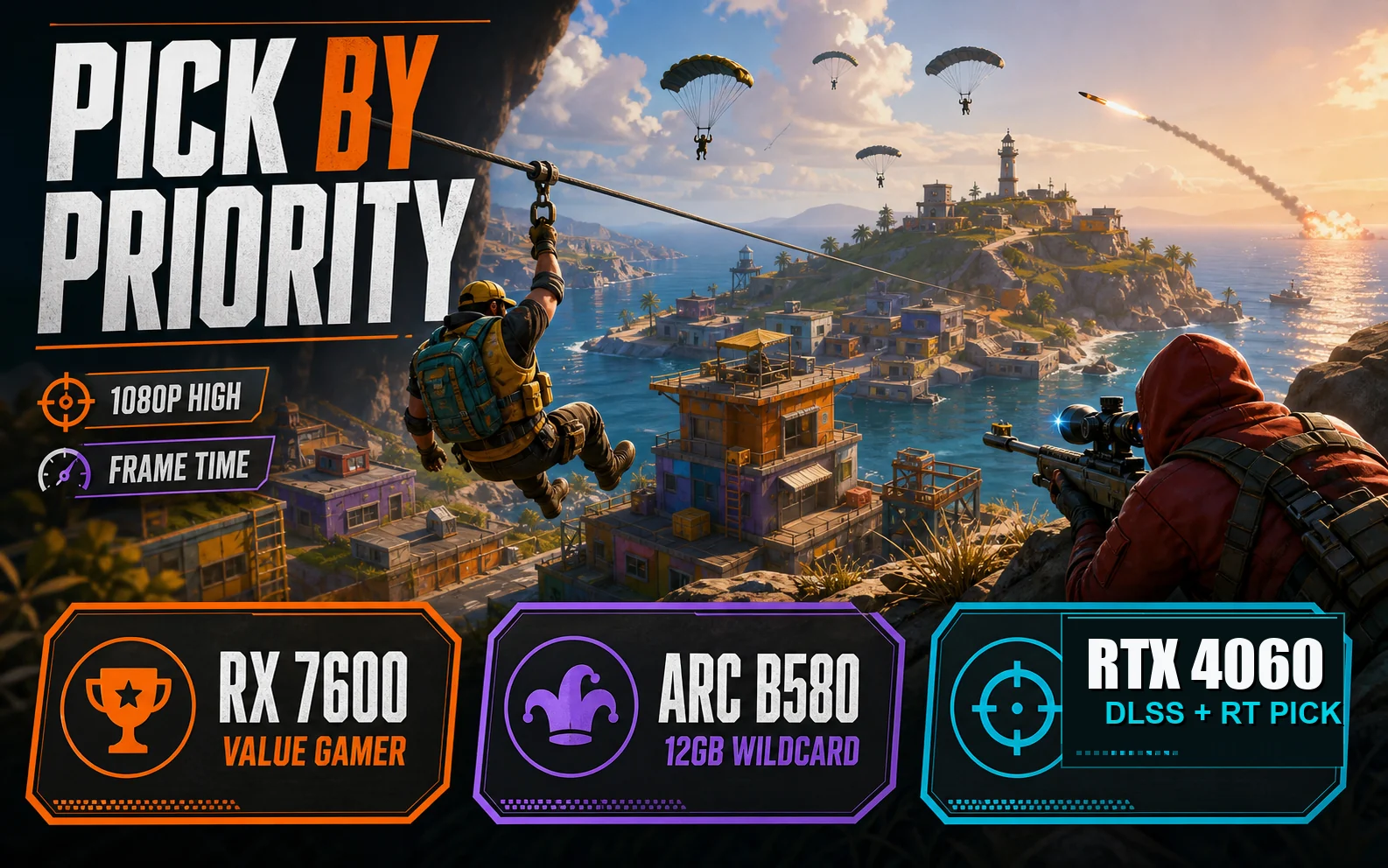 CheapFPS priority picker graphic mapping RX 7600 to value gamers, Arc B580 to the 12GB wildcard, and RTX 4060 to DLSS and ray tracing buyers over a parachute and zipline coastal scene.