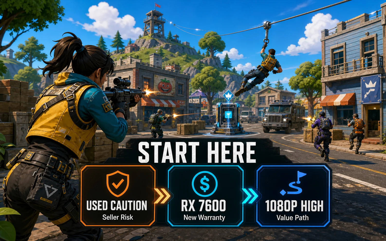 CheapFPS start here graphic showing used caution, RX 7600 new warranty, and 1080p high value path cards over a stylized battle royale action scene.