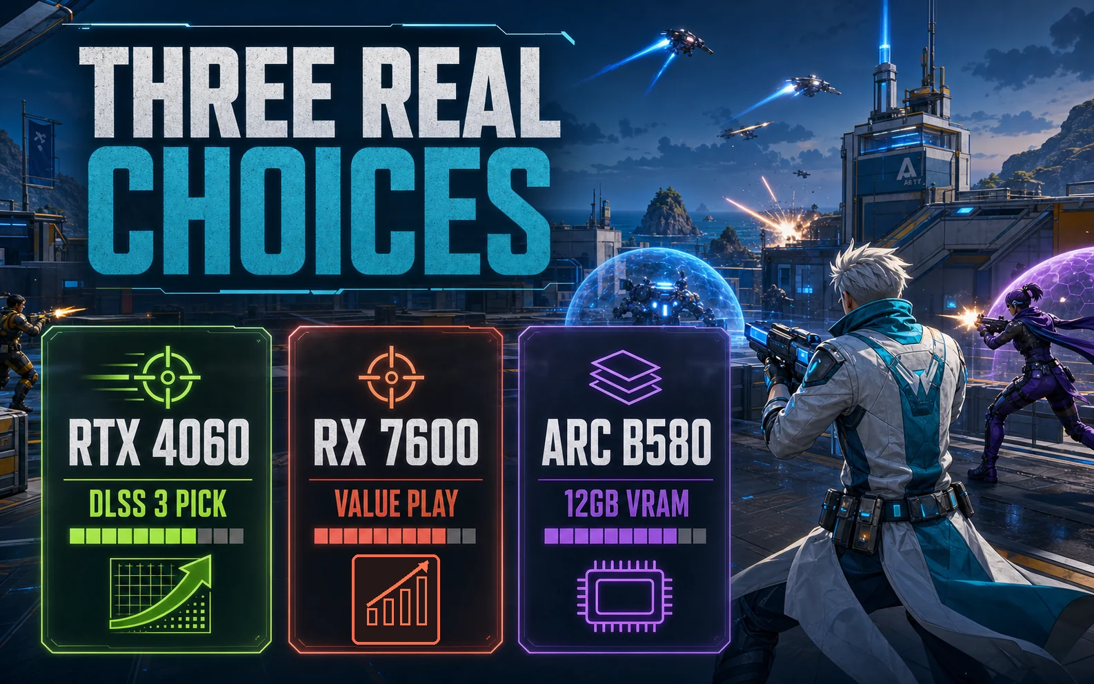 Sci-fi shooter recommendation cards for RTX 4060 DLSS 3 pick, RX 7600 value play, and Arc B580 12GB VRAM.
