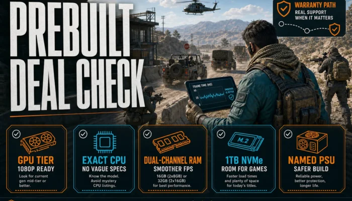 CheapFPS prebuilt deal check graphic showing GPU tier, exact CPU, dual-channel RAM, 1TB NVMe storage, and named PSU checks over a morning convoy gaming scene.