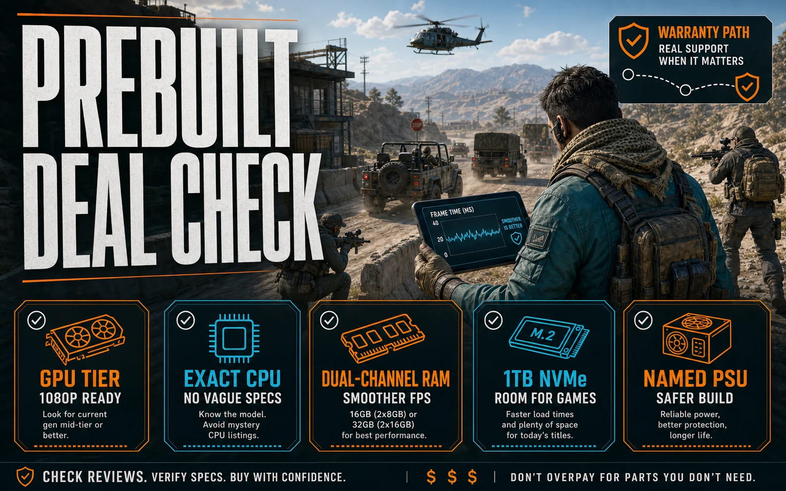 CheapFPS prebuilt deal check graphic showing GPU tier, exact CPU, dual-channel RAM, 1TB NVMe storage, and named PSU checks over a morning convoy gaming scene.
