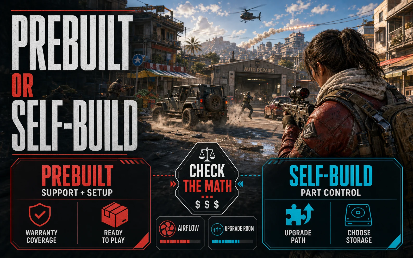 CheapFPS decision graphic comparing prebuilt support and setup with self-build part control, upgrade path, storage choice, airflow, and upgrade room over a city chase scene.