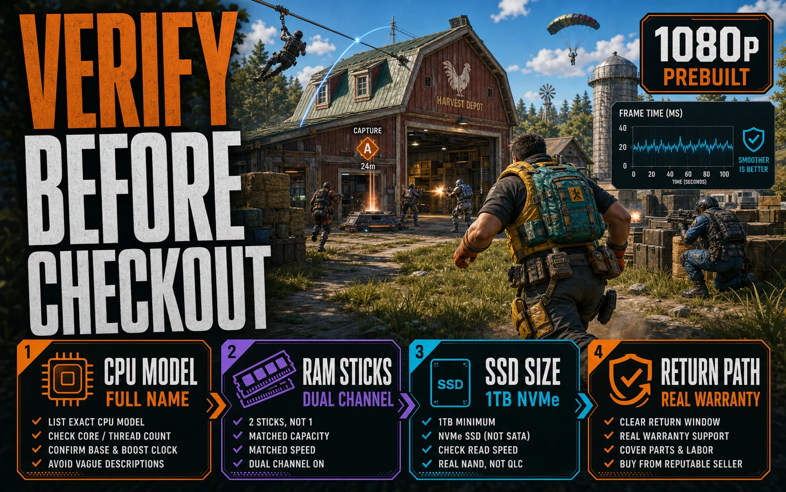 CheapFPS prebuilt checkout checklist graphic showing CPU model, RAM sticks, 1TB NVMe storage, and return path checks over a bright garage objective scene.