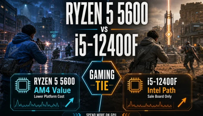 CheapFPS comparison graphic showing Ryzen 5 5600 versus i5-12400F with AM4 value, Intel path, gaming tie, and spend more on GPU callouts.