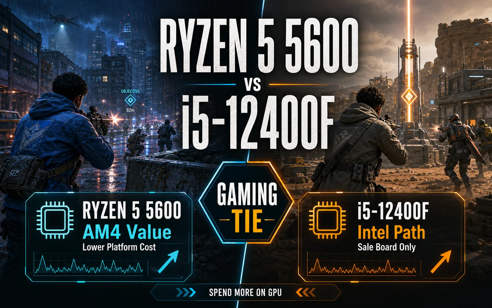 CheapFPS comparison graphic showing Ryzen 5 5600 versus i5-12400F with AM4 value, Intel path, gaming tie, and spend more on GPU callouts.