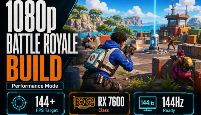 CheapFPS graphic showing a stylized coastal battle royale firefight with 1080p build callouts for Performance Mode, 144 plus FPS target, RX 7600 class, and 144Hz ready.