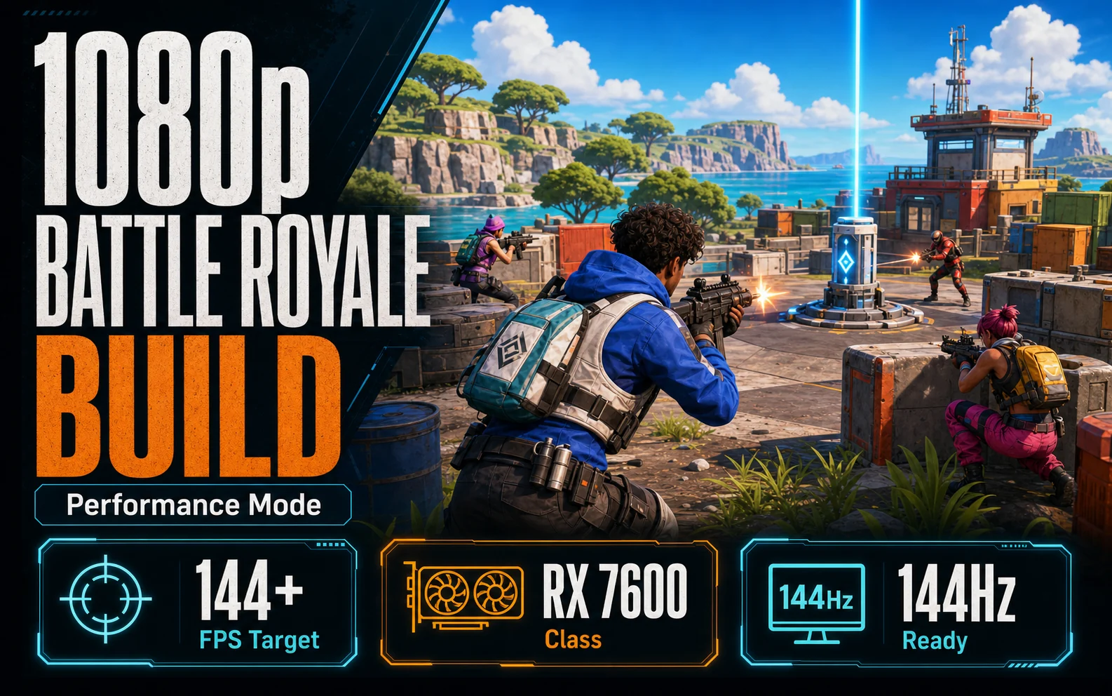 CheapFPS graphic showing a stylized coastal battle royale firefight with 1080p build callouts for Performance Mode, 144 plus FPS target, RX 7600 class, and 144Hz ready.
