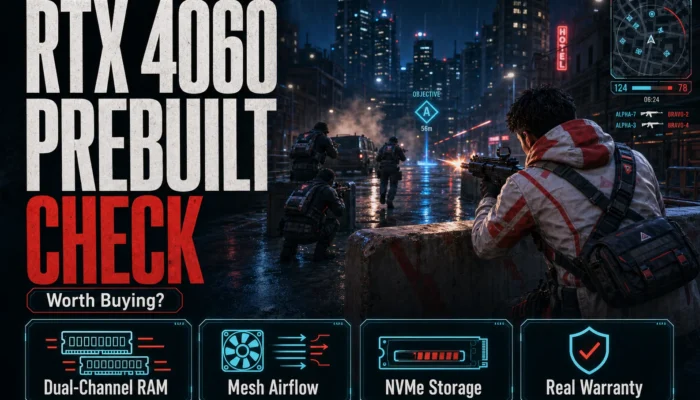 CheapFPS graphic showing a rainy shooter scene with RTX 4060 prebuilt checklist callouts for dual-channel RAM, mesh airflow, NVMe storage, and real warranty.