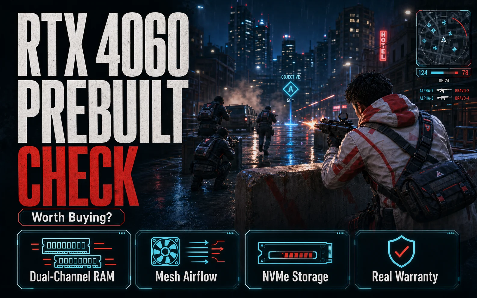 CheapFPS graphic showing a rainy shooter scene with RTX 4060 prebuilt checklist callouts for dual-channel RAM, mesh airflow, NVMe storage, and real warranty.