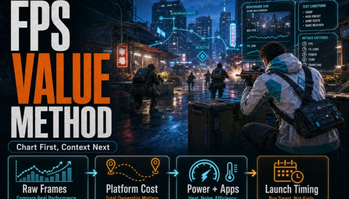 CheapFPS graphic showing a rainy benchmark shooter scene with FPS value method cards for raw frames, platform cost, power plus apps, and launch timing.