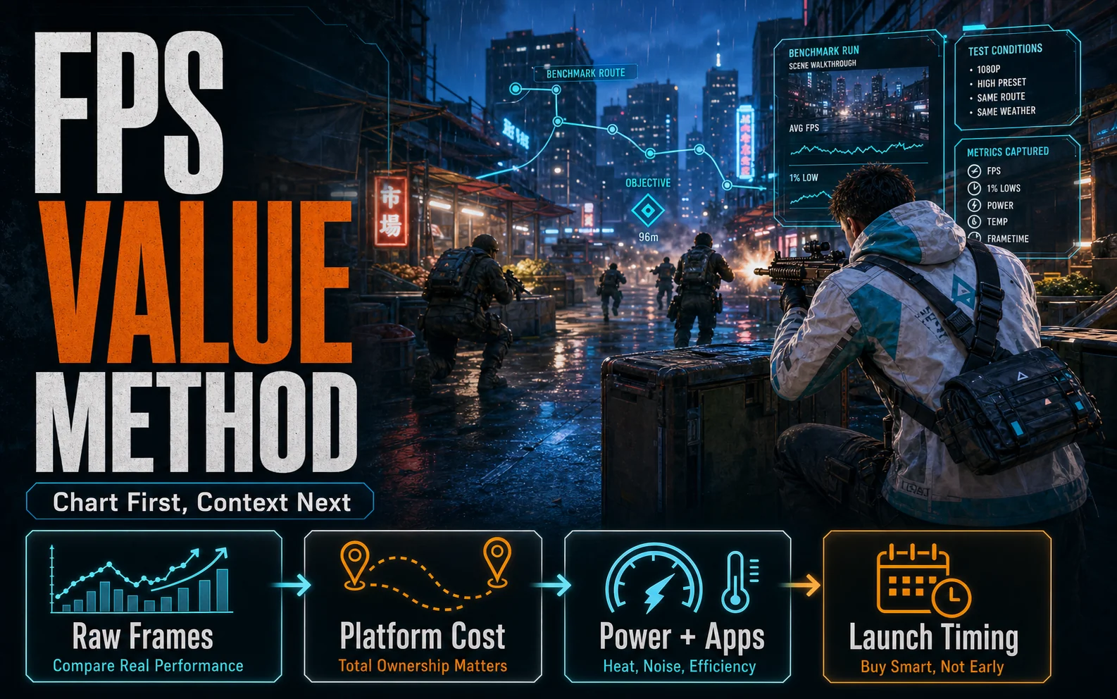 CheapFPS graphic showing a rainy benchmark shooter scene with FPS value method cards for raw frames, platform cost, power plus apps, and launch timing.