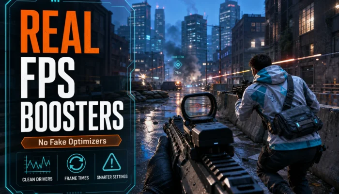 CheapFPS graphic showing a city shooter scene with Real FPS Boosters text and callouts for clean drivers, frame times, and smarter settings.