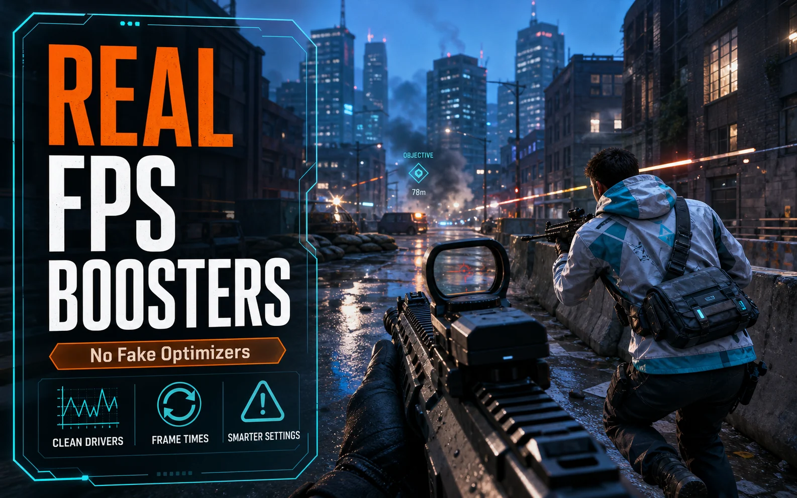 CheapFPS graphic showing a city shooter scene with Real FPS Boosters text and callouts for clean drivers, frame times, and smarter settings.