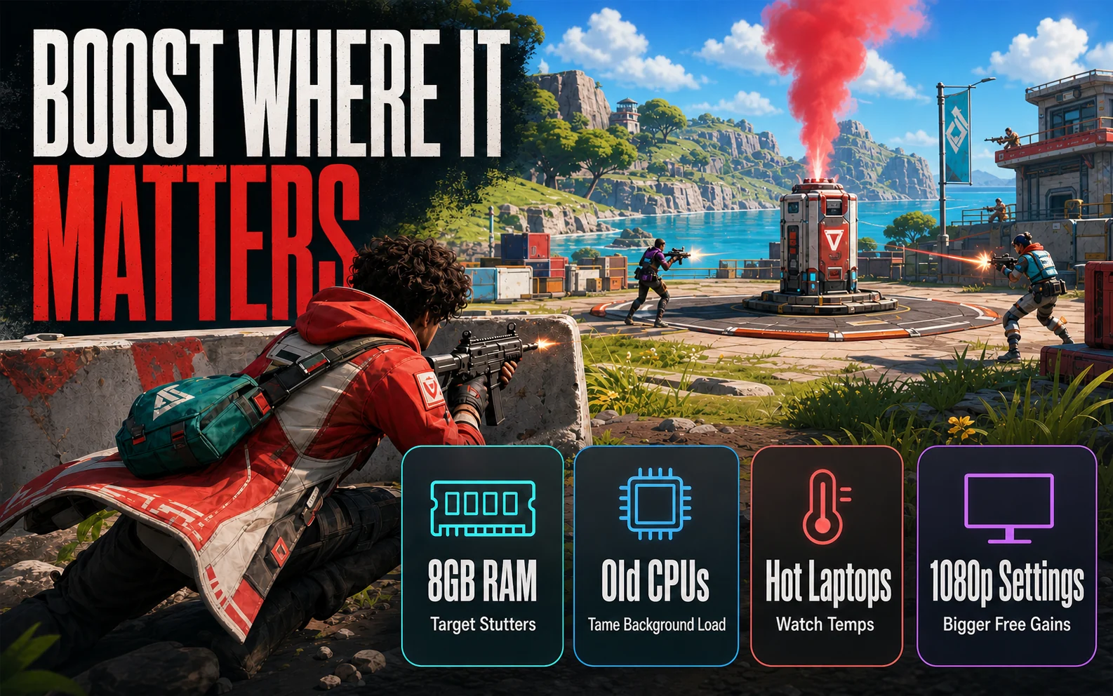 CheapFPS graphic showing a coastal shooter scene with cards for 8GB RAM, old CPUs, hot laptops, and 1080p settings.
