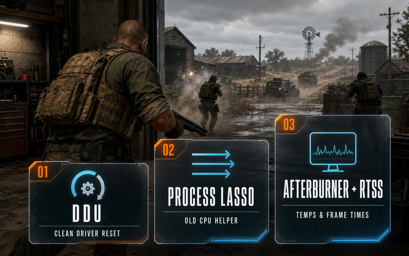 CheapFPS recommendation ladder over a farm shooter scene showing DDU, Process Lasso, and Afterburner plus RTSS as useful performance tools.