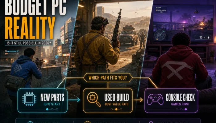 CheapFPS graphic comparing new parts, used builds, and console check paths for budget PC gaming in 2026.