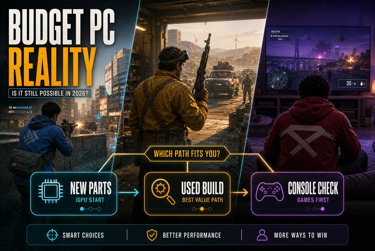 CheapFPS graphic comparing new parts, used builds, and console check paths for budget PC gaming in 2026.