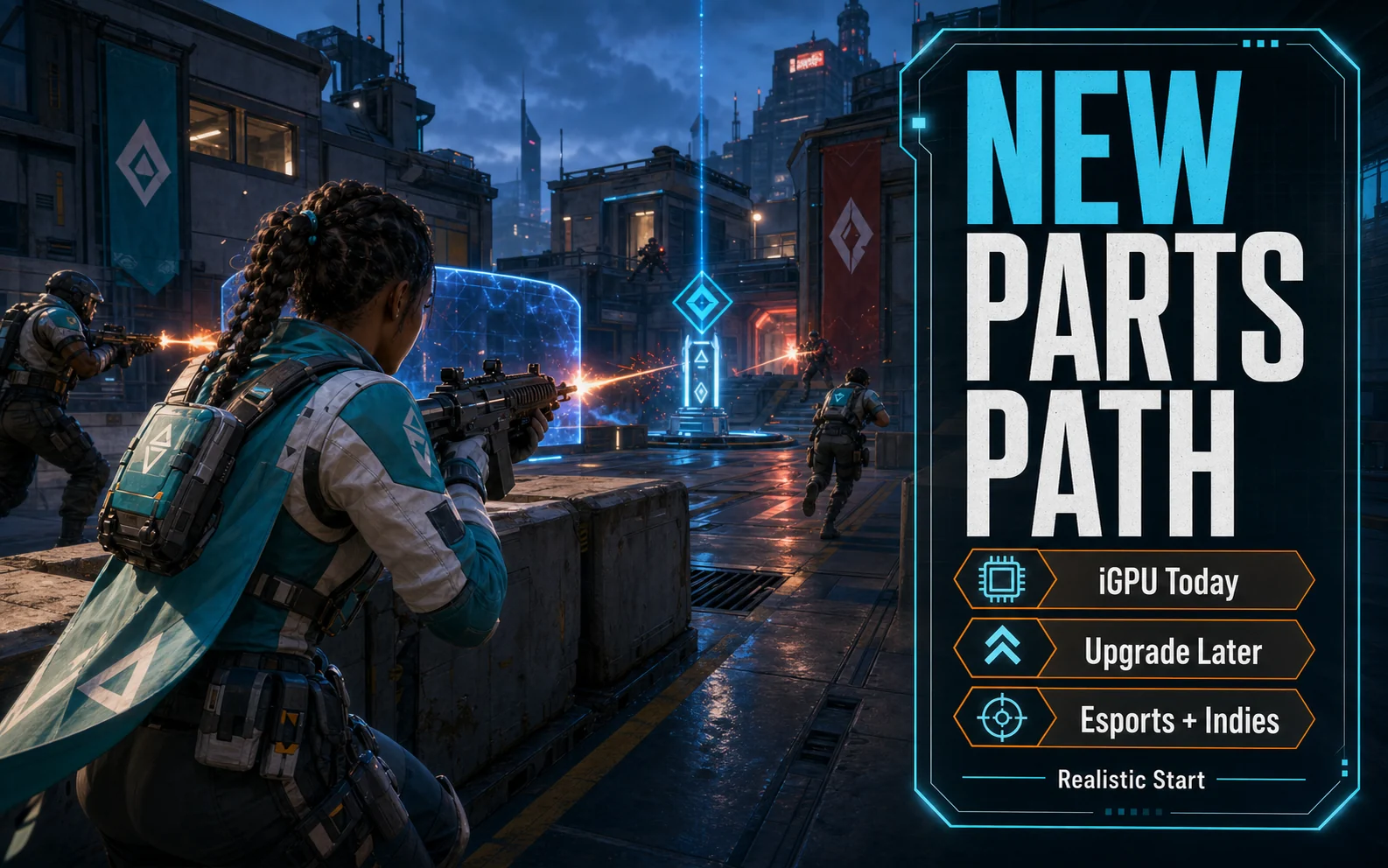 CheapFPS graphic showing a shooter objective scene with New Parts Path callouts for iGPU today, upgrade later, and esports plus indies.