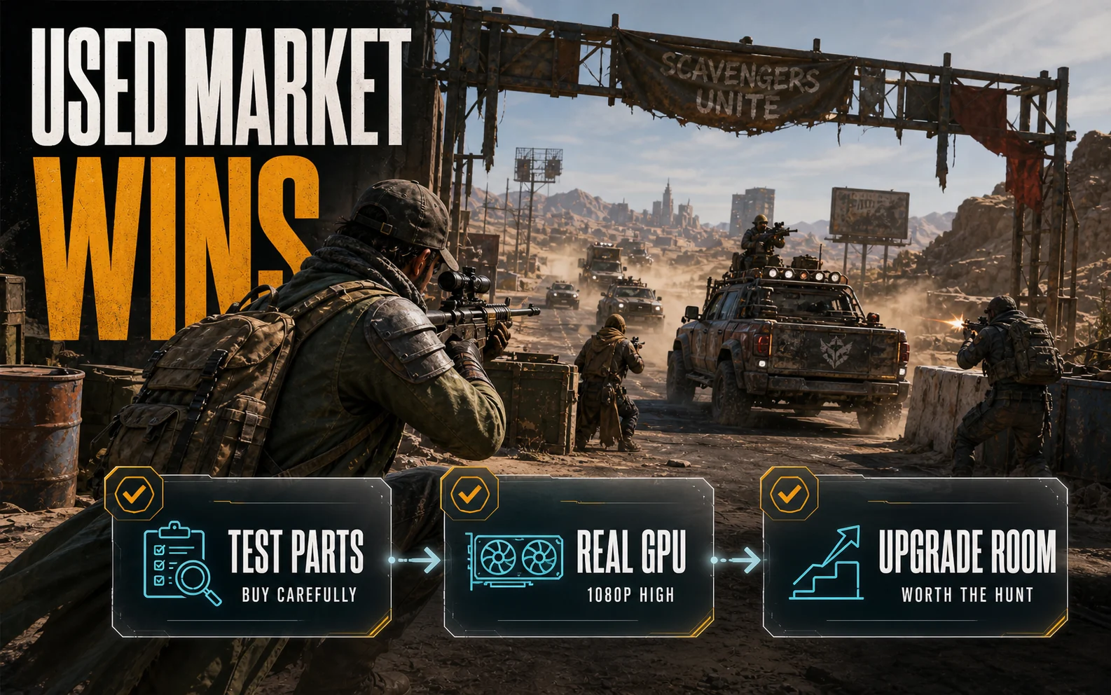 CheapFPS graphic showing a desert convoy scene with cards for testing parts, getting a real GPU, and leaving upgrade room.