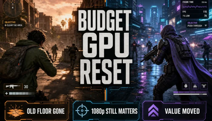 Featured CheapFPS graphic showing a split-screen shooter scene with Budget GPU Reset, Old Floor Gone, 1080p Still Matters, and Value Moved callouts.