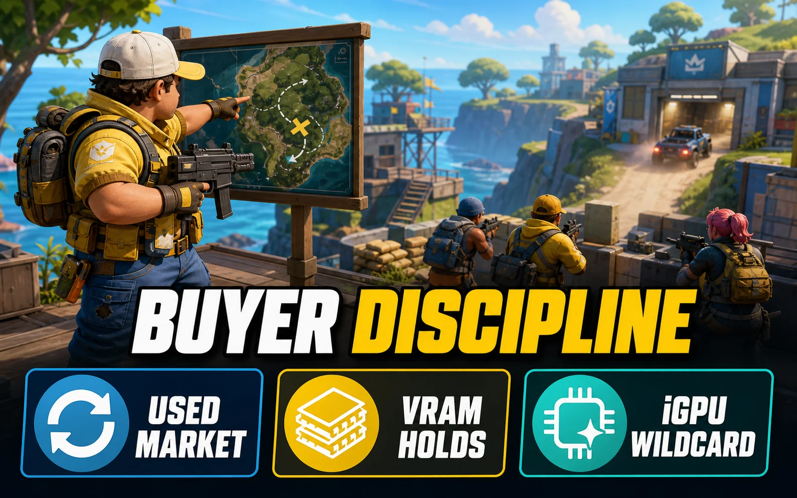 Inline CheapFPS buyer-guide graphic showing a coastal battle-royale outpost with Buyer Discipline, Used Market, VRAM Holds, and iGPU Wildcard guidance cards.