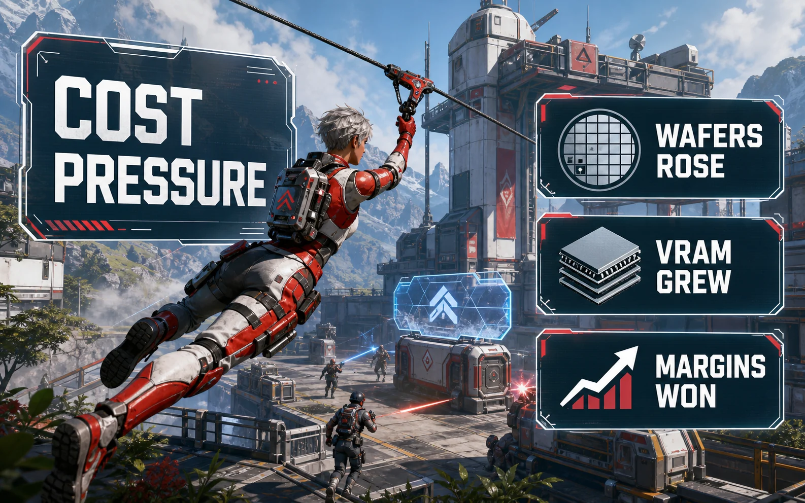 Inline CheapFPS explainer graphic showing a sci-fi outpost zipline scene with Cost Pressure, Wafers Rose, VRAM Grew, and Margins Won callouts.