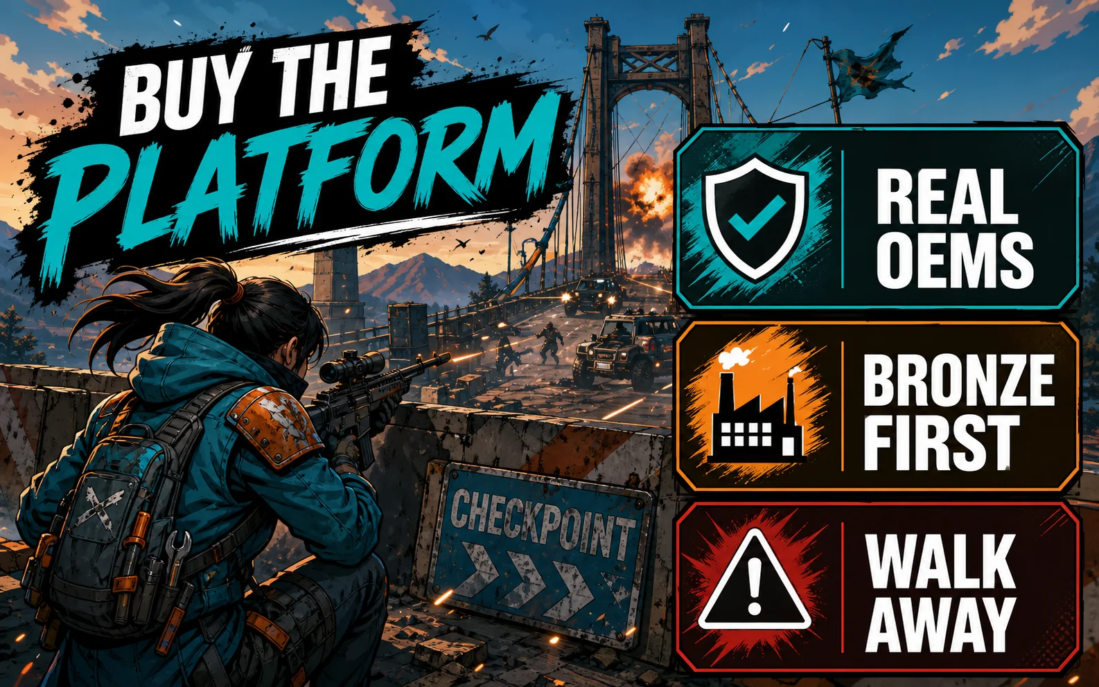Inline CheapFPS recommendation graphic showing a bridge ambush scene with Buy The Platform, Real OEMs, Bronze First, and Walk Away guidance cards.