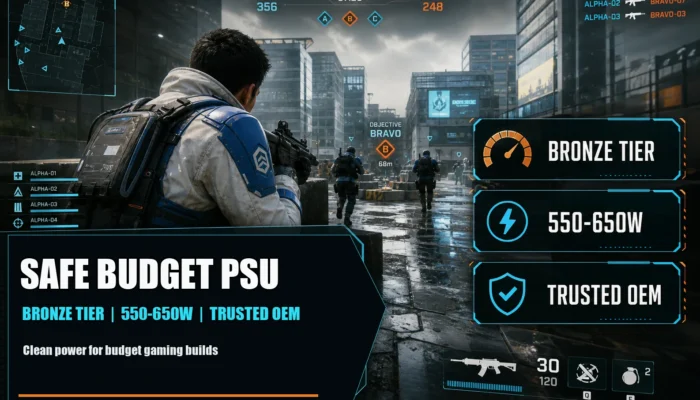 Featured CheapFPS graphic showing a city objective shooter scene with Safe Budget PSU, Bronze Tier, 550-650W, and Trusted OEM guidance.