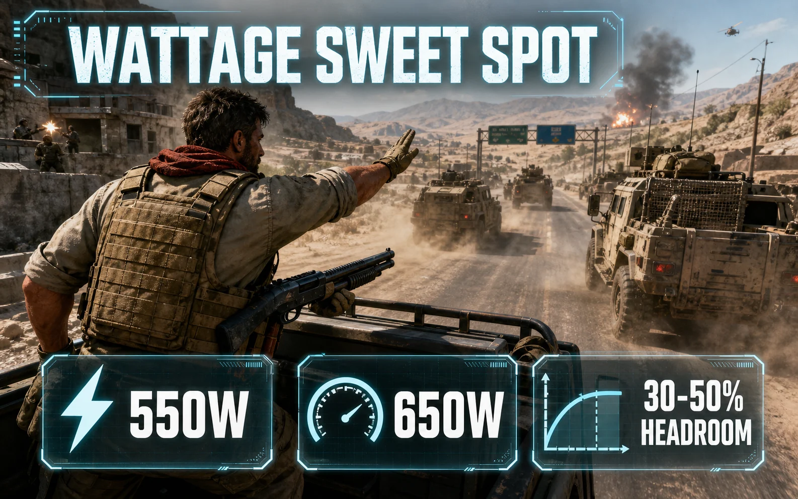 Inline CheapFPS graphic showing a desert convoy action scene with Wattage Sweet Spot, 550W, 650W, and 30-50% Headroom guidance cards.