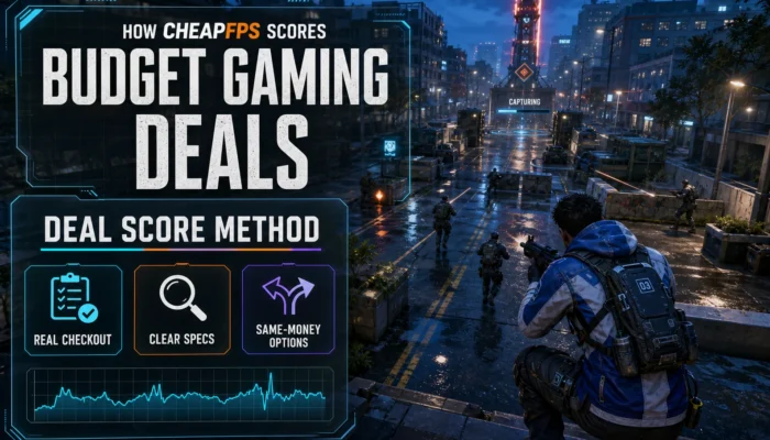 CheapFPS scoring method graphic showing a tactical gaming scene with real checkout, clear specs, and same-money options as deal-quality checks.