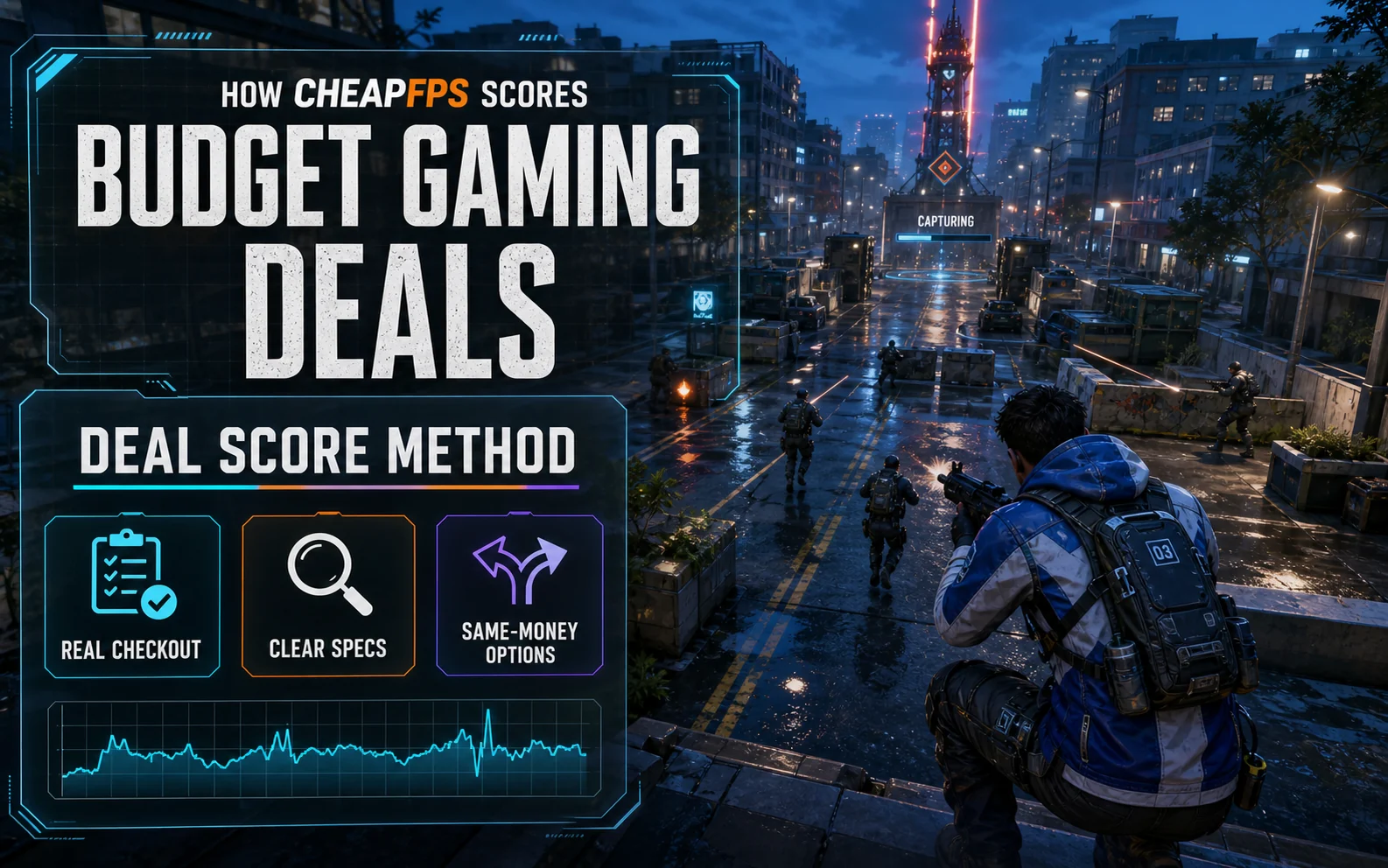 CheapFPS scoring method graphic showing a tactical gaming scene with real checkout, clear specs, and same-money options as deal-quality checks.
