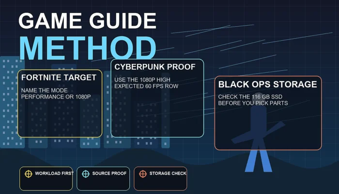 Featured CheapFPS methodology graphic showing Fortnite target setting, Cyberpunk proof, and Black Ops storage checks as the three game-specific build guide inputs.