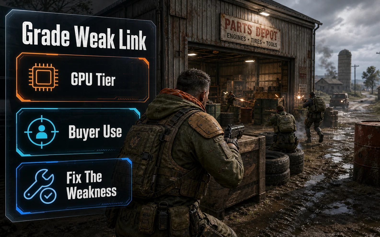 CheapFPS inline graphic showing the grade weak link method with GPU tier, buyer use, and fix the weakness cards over a gaming firefight scene.