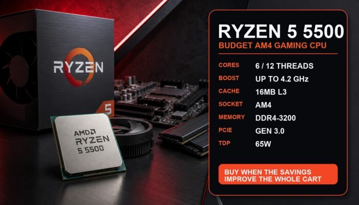 Ryzen 5 5500 budget AM4 gaming CPU sales graphic with core count, boost clock, cache, AM4, DDR4, PCIe 3.0, and 65W specs