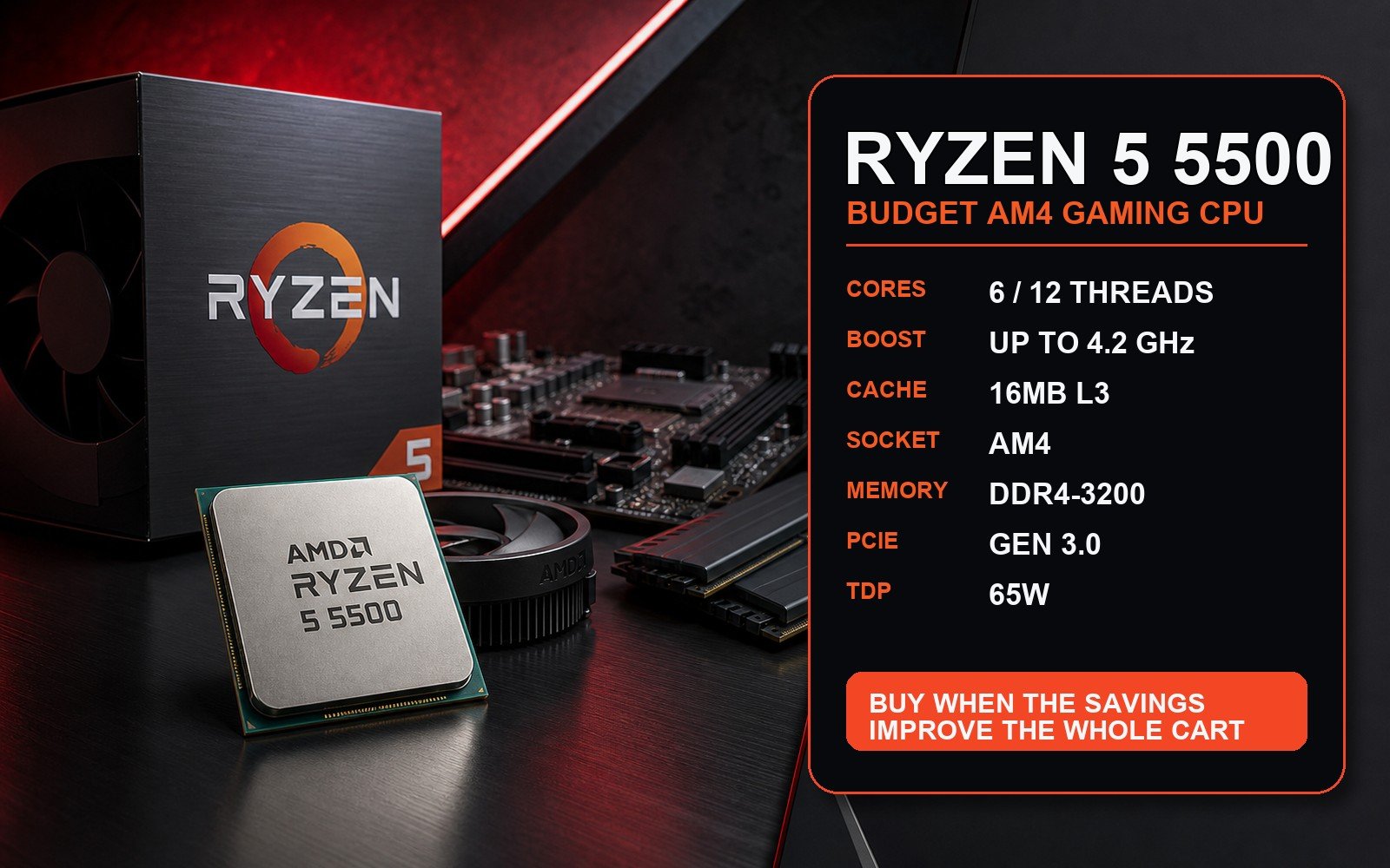 Ryzen 5 5500 budget AM4 gaming CPU sales graphic with core count, boost clock, cache, AM4, DDR4, PCIe 3.0, and 65W specs
