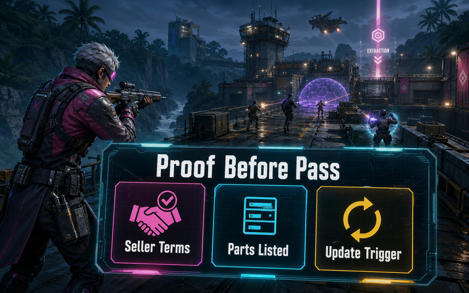 CheapFPS proof before pass graphic showing seller terms, parts listed, and update trigger cards over a tactical outpost scene.