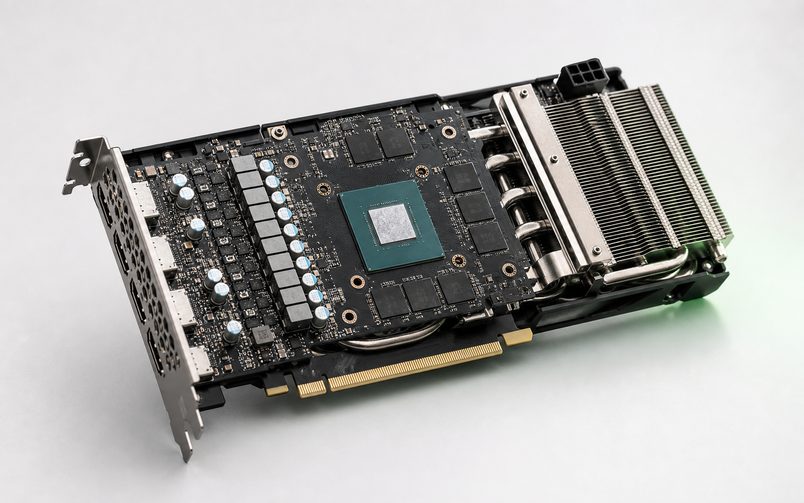 RTX 3060 12GB graphics card PCB and heatsink on a clean studio background