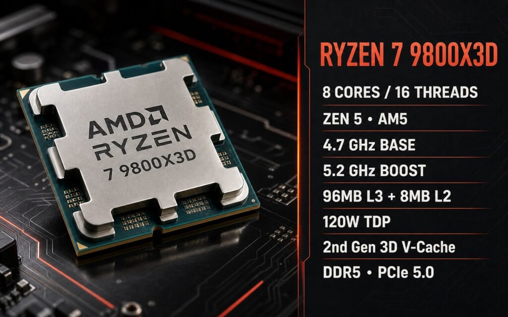 AMD Ryzen 7 9800X3D processor specs graphic with cores, clocks, cache, AM5, DDR5, and PCIe 5.0 details