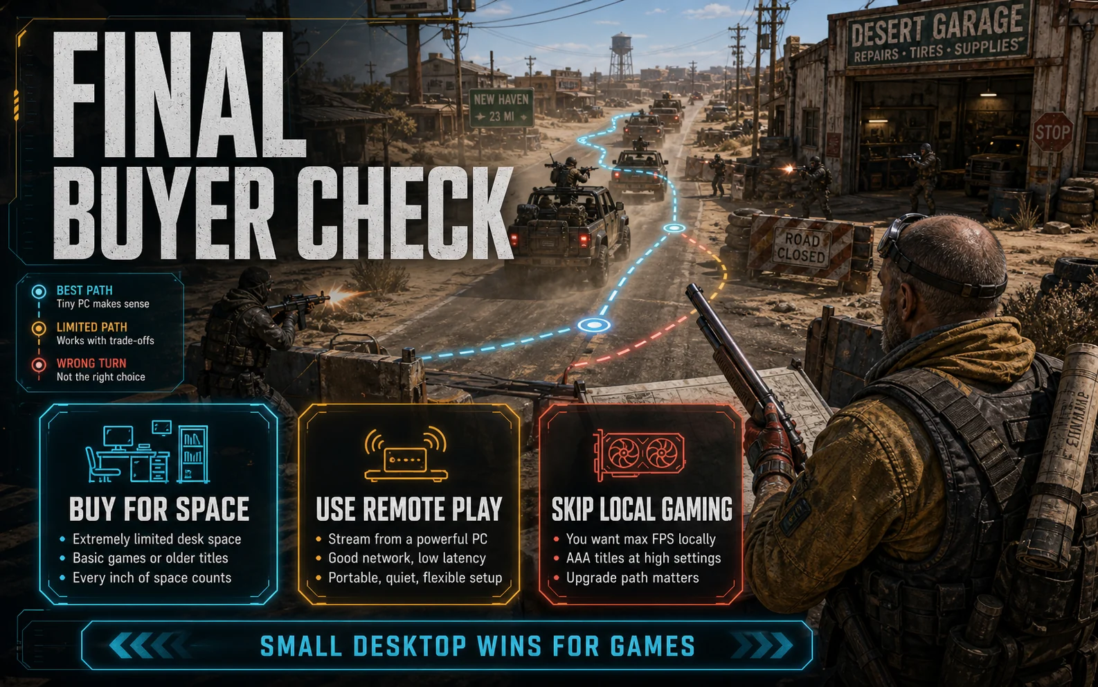 Desert checkpoint gameplay graphic for the GMKtec M3 Pro final buyer check with cards for buying for space, using remote play, and skipping local gaming.