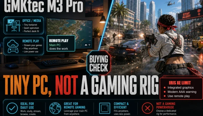Gaming editorial banner for the GMKtec M3 Pro buying check showing office and remote play uses beside an Iris Xe local gaming warning.