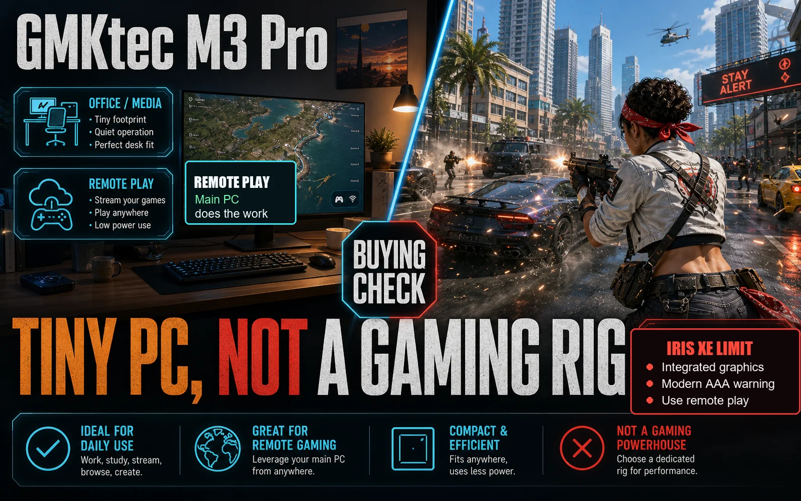 Gaming editorial banner for the GMKtec M3 Pro buying check showing office and remote play uses beside an Iris Xe local gaming warning.