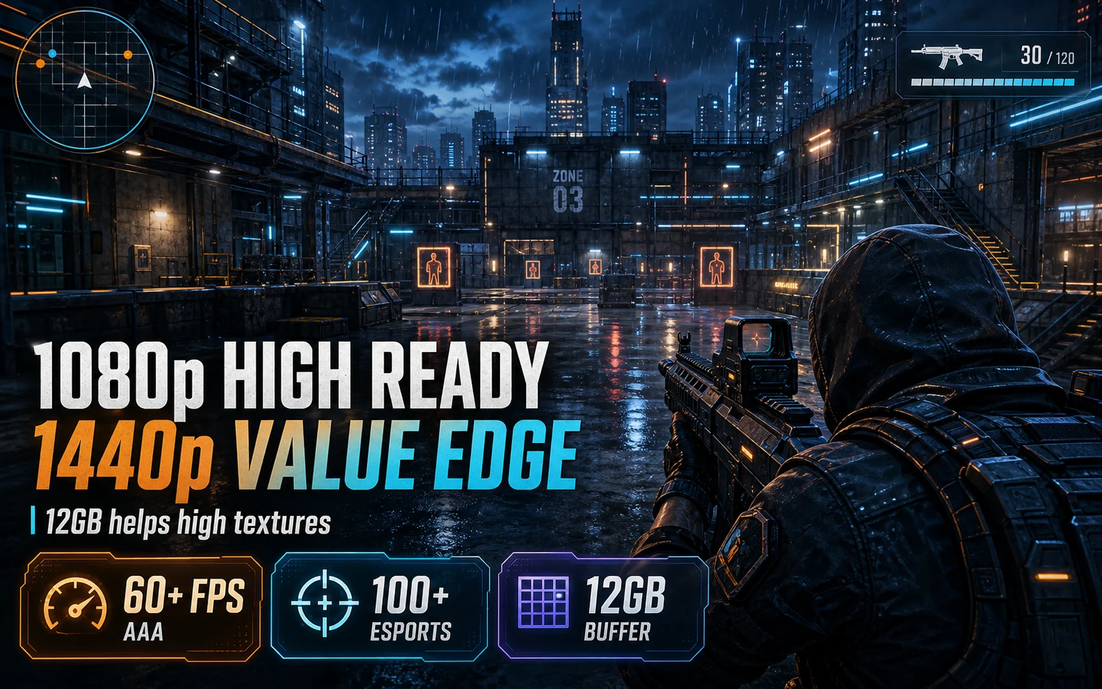 Cyberpunk shooter scene with text highlighting 1080p high readiness 1440p value edge and 12GB texture buffer for Arc B580