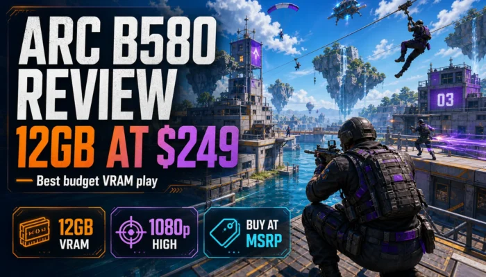 Stylized battle royale shooter scene with Arc B580 Review text highlighting 12GB VRAM at 249 dollars and buying at MSRP